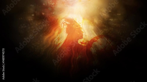 beautiful shamanic girl playing on shaman frame drum in the nature.