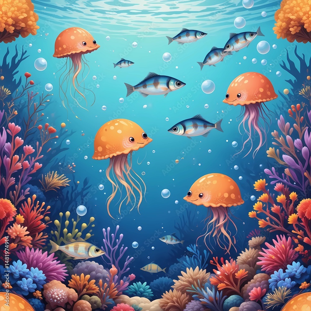 Naklejka premium Colorful marine life with jellyfish and fish swimming among vibrant coral reefs