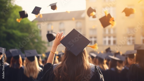 A group of graduates throwing their caps in the air in celebration.