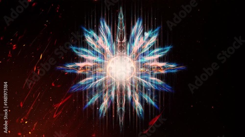 Ornamental graphic in shape of a star with feathers, fractal effect.
