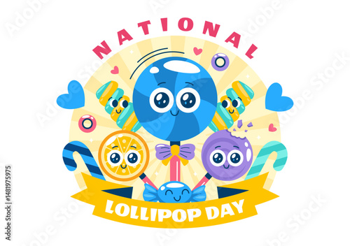 National Lollipop Day Vector Illustration on 20 July Celebrating Hard Candy and Sweet Treats in a Flat Style Cartoon Background