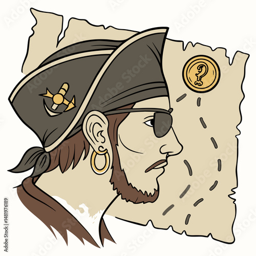 Pirate ear with eyepatch and golden earring, treasure map