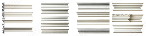Exquisite collection of moulding profiles showcasing a range of elegant and textured finishes in pale colors, perfect for interior design applications and architectural enhancements