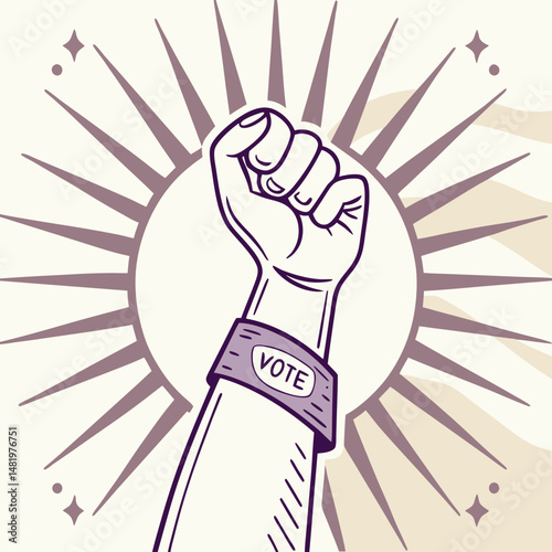 Voting hand surrounded by rays of democratic light burst