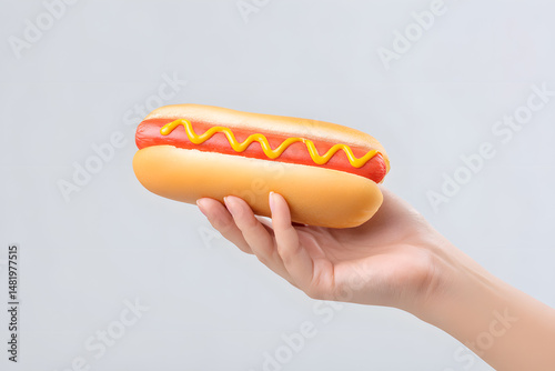 Woman's hand holding delicious hot dog on white background	