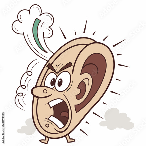 Angry ear cartoon shouting with steam blowing from top