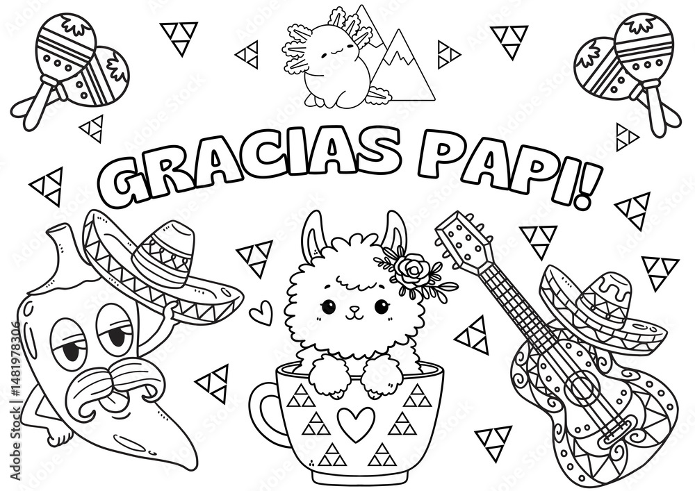 Obraz premium ¡Gracias papi! Página para colorear del Día del Padre con inscripción en español