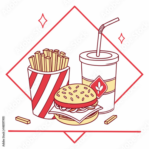 Fast food combo icon: burger, fries, drink, clean design