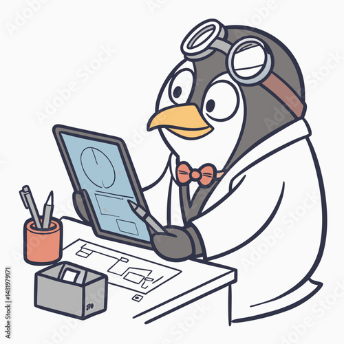Engineer penguin cartoon designing jet engine on touchscreen tablet