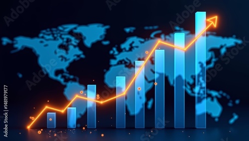 Digital financial growth neon-lit stock market graph with rising coin stacks, upward orange trend line, and global economy insights on a dark blue world map