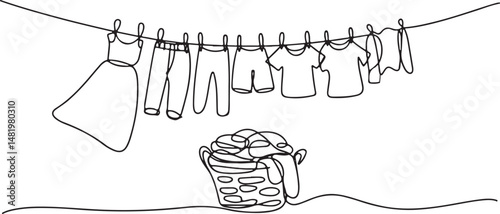 Continuous one line drawing of clothes hanging on a clothesline with a laundry basket underneath, minimalistic black linear sketch on white background

