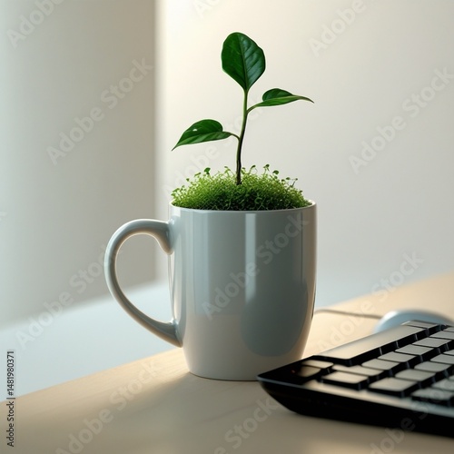 A close-up of a coffee mug with a sprouting plant on a desk with a keyboard.