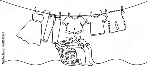 Continuous one line drawing of clothes hanging on a clothesline with a laundry basket underneath, minimalistic black linear sketch on white background

