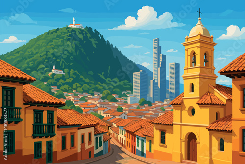 Midday Panorama of Bogotá with Monserrate Hill and La Candelaria