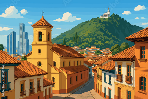 Midday Panorama of Bogotá with Monserrate Hill and La Candelaria