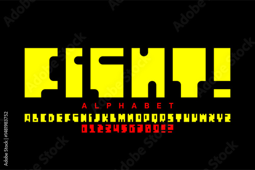 Fight. Pixel style font, alphabet letters and numbers vector illustration
