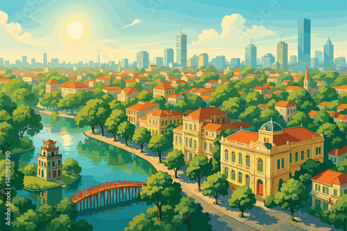 Sunlit Panorama of Hanoi with Colonial Architecture and Modern Structures