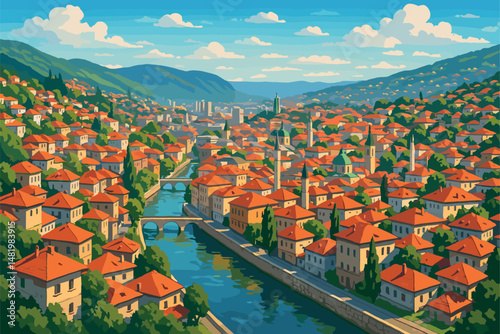 Sarajevo Panorama with River, Red Roofs, and Green Hills