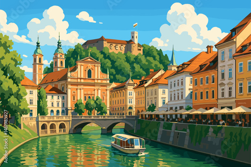 Ljubljana Scene with River, Baroque Buildings, and Hilltop Castle