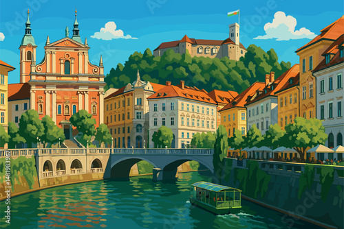 Ljubljana Scene with River, Baroque Buildings, and Hilltop Castle