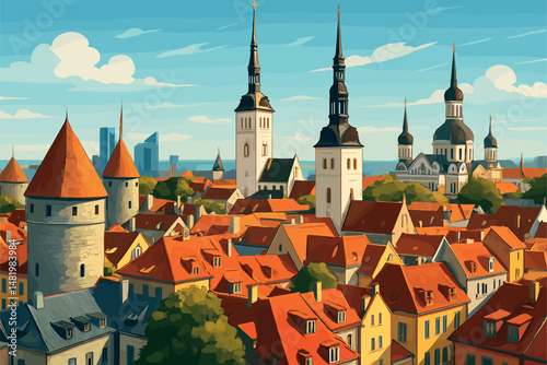 Tallinn Cityscape with Medieval Towers and Modern Glass Buildings