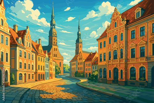 Sunlit View of Riga Old Town and River Bend