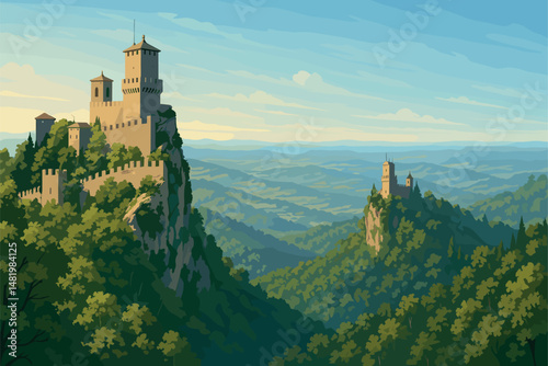 Morning View of San Marino with Fortresses and Forests