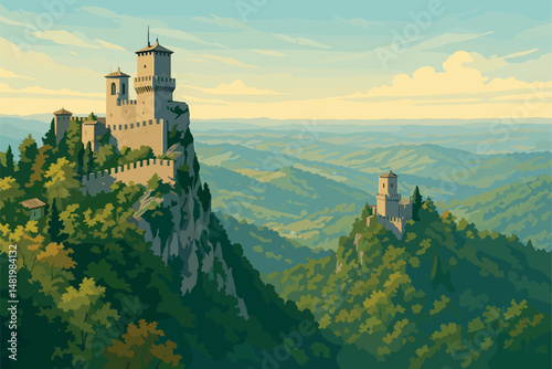 Morning View of San Marino with Fortresses and Forests