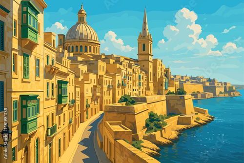 Valletta Day Scene with Limestone Streets and Blue Sea