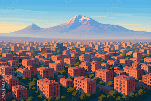 Yerevan Morning View with Mount Ararat and Pink Tufa Buildings