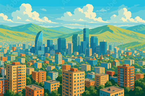 Ulaanbaatar Skyline with Glass Towers and Steppe Hills
