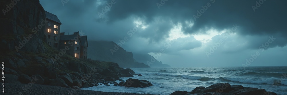 Fototapeta premium Eerie Coastal Scene with Illuminated Windows Under Stormy Skies