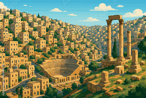 Amman View with Limestone Homes and Roman Ruins
