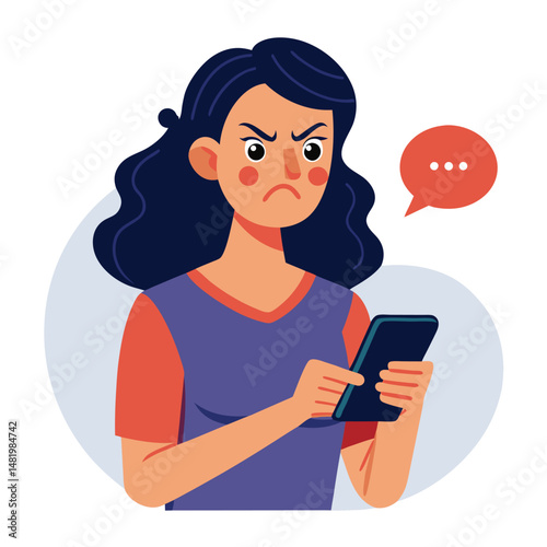 Angry woman online, texting hate comment on mobile phone. Aggressive person with smartphone, chatting in social media, internet conflict. Flat vector illustration isolated on white background 