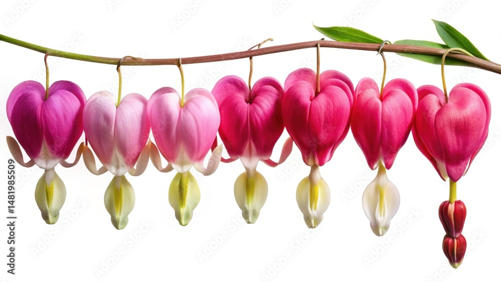 Fototapeta premium A row of stunning pink bleeding heart flowers hanging from a branch