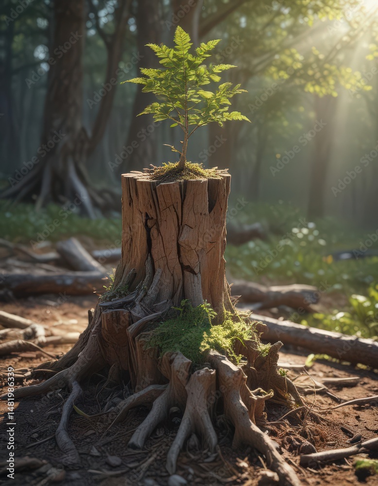 Tiny tree bravely pushing through aged stump, sunlight illuminating new growth , young, natural Tiny tree bravely pushing through aged stump, sunlight illuminating new growth , young, natural