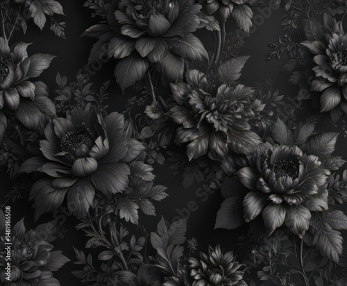 Wallpaper Mural Opulent black charcoal floral wallpaper, lavish botanical details,  romantic,  home decor, luxury wallpaper Torontodigital.ca