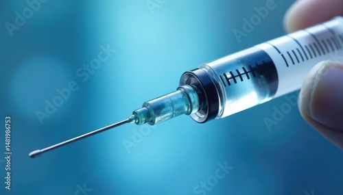 Close-up of medical syringe filled with clear liquid, ready for injection , fluid, pain relief