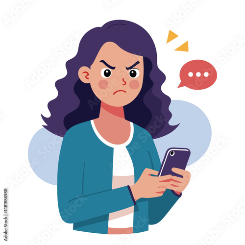 Angry woman online, texting hate comment on mobile phone. Aggressive person with smartphone, chatting in social media, internet conflict. Flat vector illustration isolated on white background 