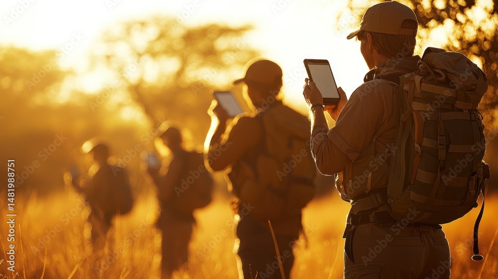 Fototapeta premium People using tablets outdoors golden hour