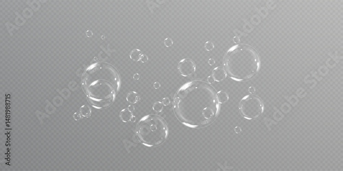 Transparent Soap Bubbles with Iridescent Glow. Realistic Bubble Set with Glossy Surface, Color Light Reflections, and Airy Floating Effect for Backgrounds, Posters, and Cleaning Concepts