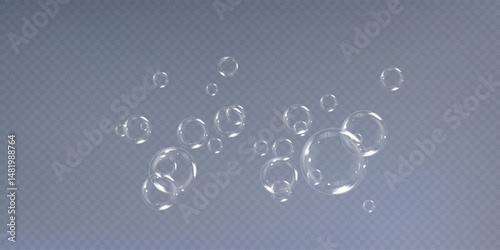 Realistic Soap Bubbles Collection on Transparent Background. Floating Glossy Bubbles with Rainbow Reflections, Shiny Surface, and Light Glow for Clean, Fun, or Decorative Design Elements