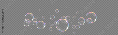 Shiny Realistic Soap Bubbles Collection. Floating Light Bubbles with Rainbow Glow and Glossy Texture on Transparent Background for Beauty, Hygiene, Fun, or Kids Design and Decoration