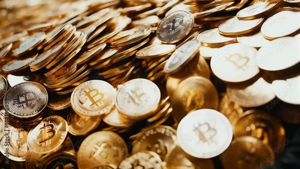 Person lying down, surrounded by a pile of golden cryptocurrency coins, resting head on Bitcoin, dreaming wealth and future, financial investment