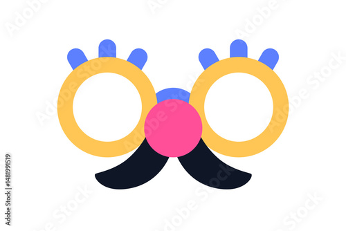 Glasses with fake moustache and nose for masquerade party disguise. Funny clown face mask with mustache, round eyeglasses, festive accessory. Flat vector illustration isolated on white background