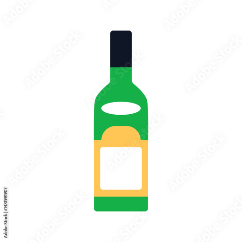 Alcohol bottle. Wine drink. Champagne, alcoholic beverage for festive holiday celebration, bar product with abstract label. Spirits icon. Flat vector illustration isolated on white background