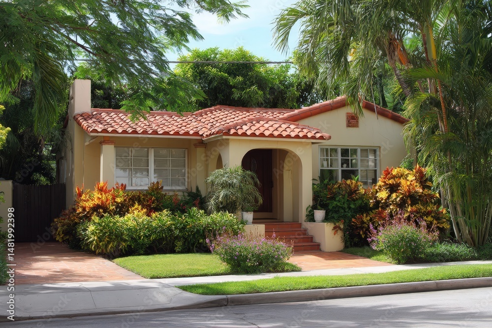 Obraz premium Captivating miami south beach home with red tile roof and spacious front yard