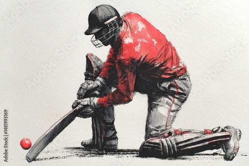 Expressive ink sketch of cricket player bowling with dynamic brush strokes