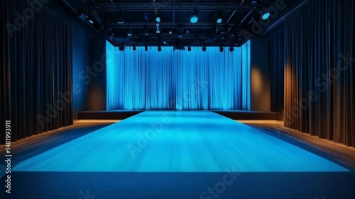 Wallpaper Mural Illuminated catwalk runway stage with blue light, curtains, and spotlights for a fashion show or performance, empty venue space. Torontodigital.ca