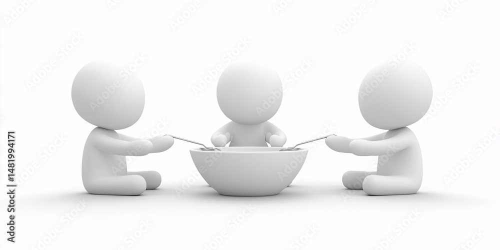 Three minimalist 3D figures share a bowl of food, symbolizing teamwork and collaboration. Three minimalist 3D figures share a bowl of food, symbolizing teamwork and collaboration.